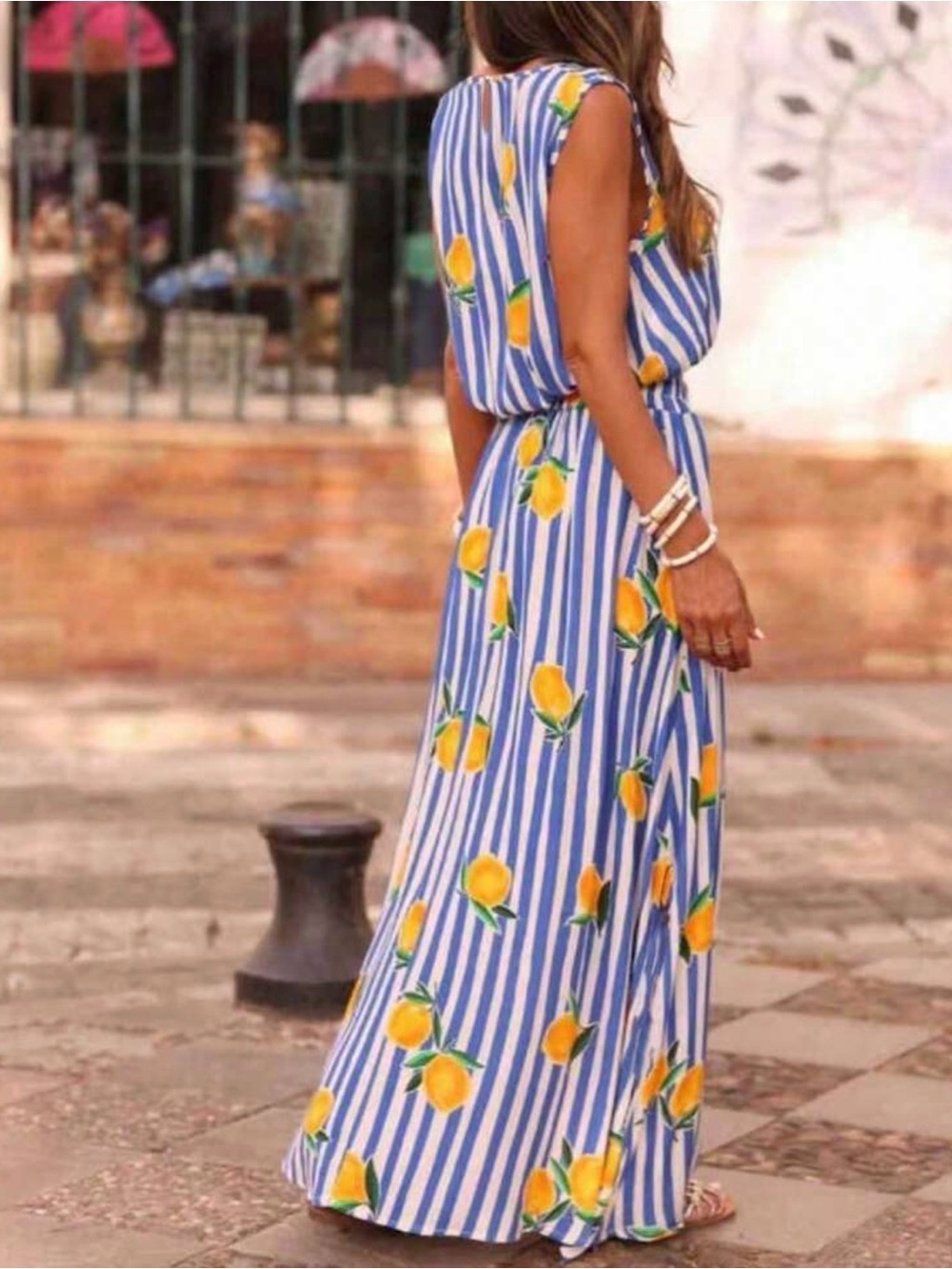 Blue Stripe & Yellow Lemon Maxi Dress - Sleeveless Summer Two Piece Set - Picture 4 of 4